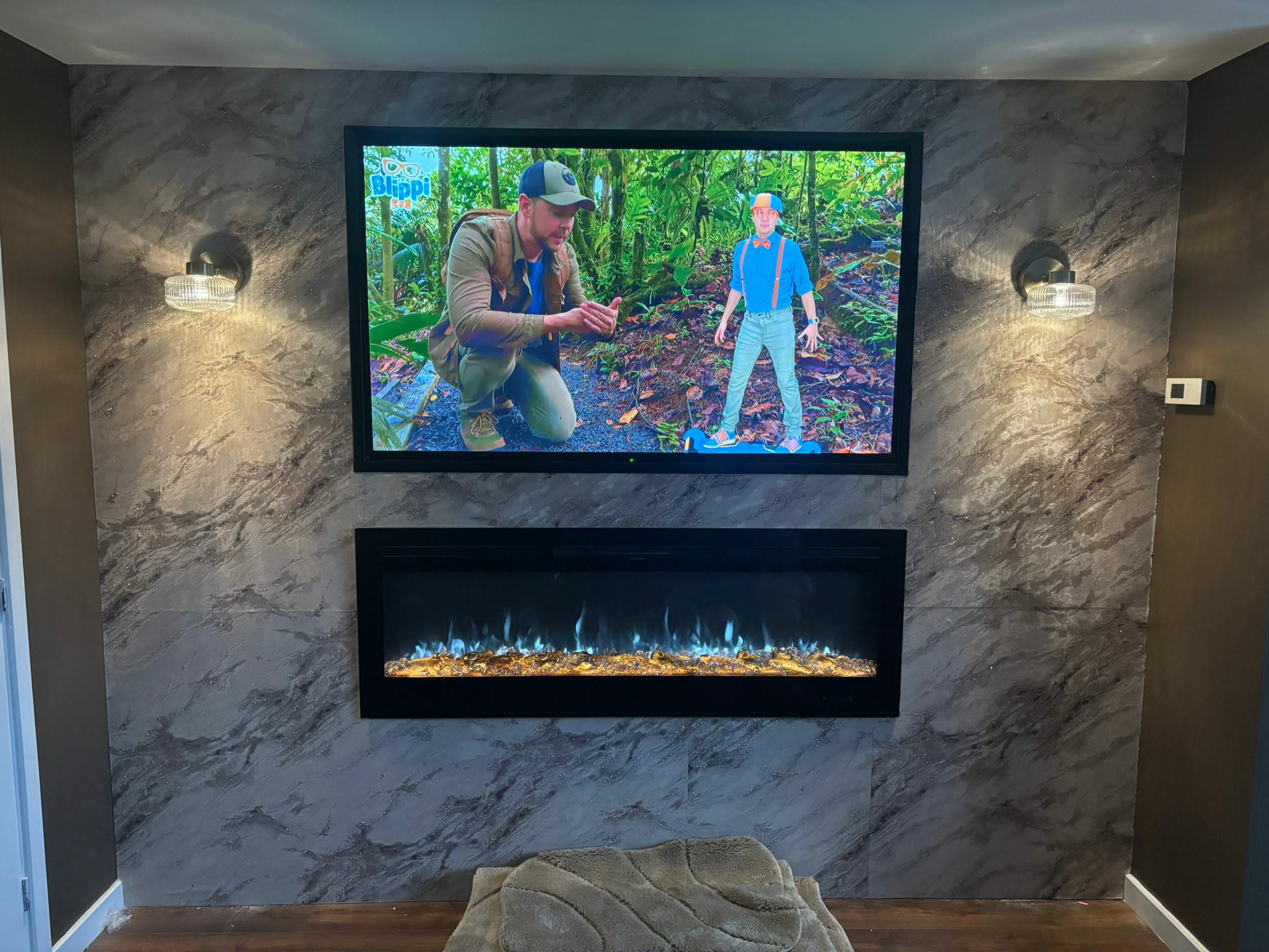 Media wall with TV and electric fireplace